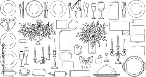 Dining table setting illustrations isolated on transparent background
