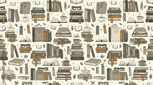 Seamless pattern of books reading icons and stationery on beige background illustrating education and learning
