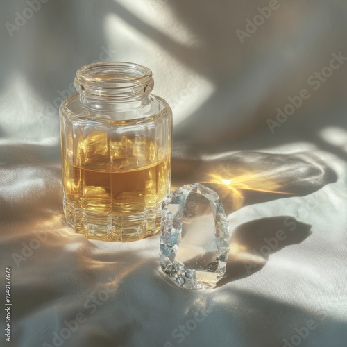 Glass Bottle With Yellow Liquid and Gem on Surface in Warm Light