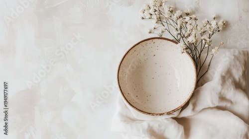 Bowl With Flowers on Cloth Against a Plain Background in a Simple Kitchen Set...