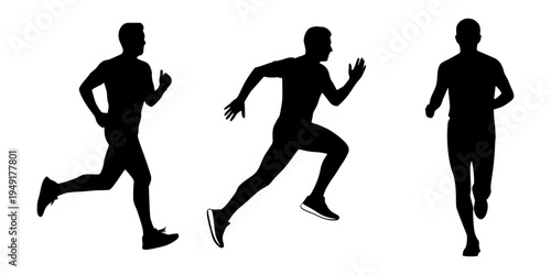 Silhouettes of three male athletes running in different poses, showcasing athletic movement and fitness