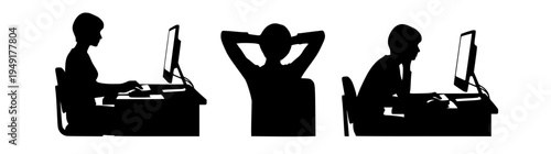Exploring the concept of diverse ergonomic postures and work habits at a computer station through a series of contrasting human silhouettes, highlighting productivity and comfort