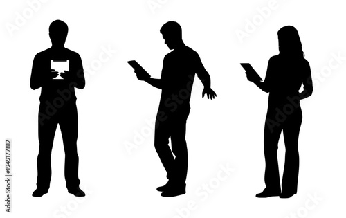 Silhouettes of diverse individuals engaging with modern technology and celebrating success, depicting a blend of digital interaction and personal achievement in a contemporary world