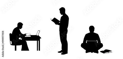 Conceptual graphic depicting individuals absorbed in reading and studying, illustrating diverse approaches to learning and personal development through academic pursuits and literary engagement