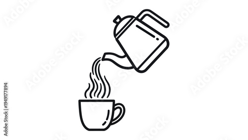 Coffee brewing illustration: A minimalistic black and white illustration depicts the art of coffee brewing, with a kettle pouring steaming hot liquid into a cup.