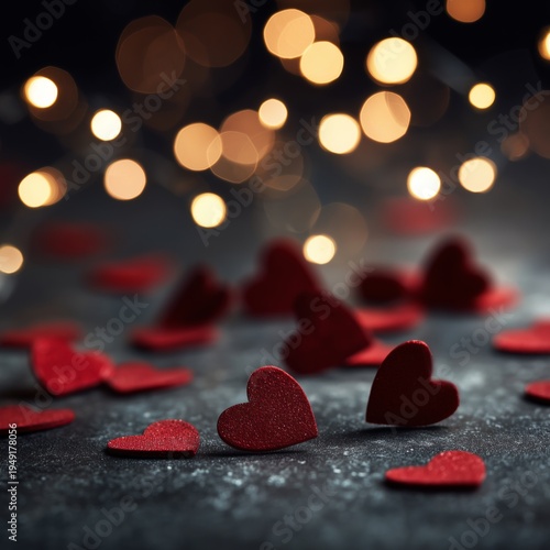 Red Hearts Scattered on a Dark Surface With Warm Lights in the Background Dur...