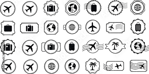 Collection of black and white travel icons isolated on transparent background