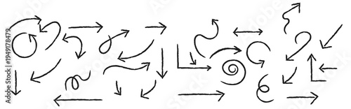 Hand drawn arrow doodles set. Hand drawn brush sketch arrow line curve up, down shape chalk texture element set. Abstract grunge scribble chalk crayon style. Vector illustration