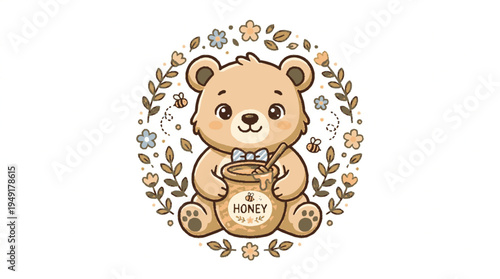 Cute baby bear holding honey pot surrounded by floral wreath and leaves vector illustration