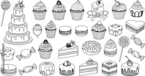 Black and white illustration of assorted cakes and cupcakes isolated on transparent background