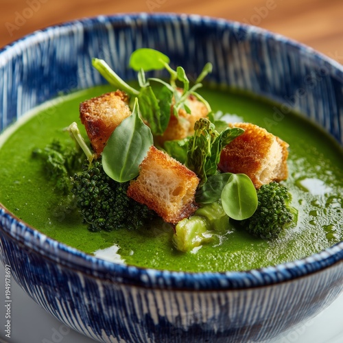 Chilled Green Soup With Croutons and Fresh Vegetables at a Restaurant Kitchen