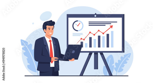 Man presenting business growth chart on a whiteboard with a laptop