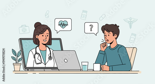 Patient consults with doctor online for remote medical advice.