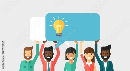 Diverse team holding a speech bubble with a light bulb symbolizing new ideas.