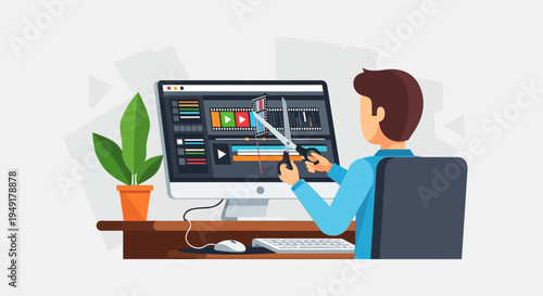 Person editing video footage on a computer with editing software