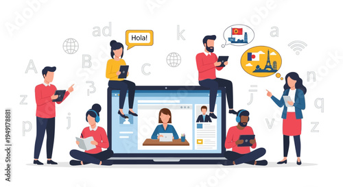 People learning languages online with digital tools.
