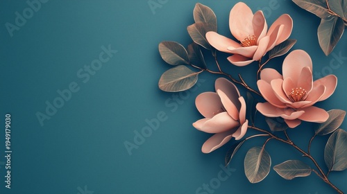 Magnolia Flowers on a Blue Background With Green Leaves in a Simple Arrangement