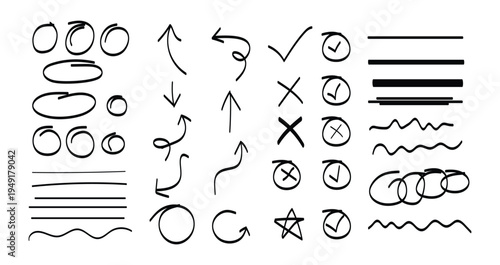 Hand drawn doddle set. Line black marker hand drawn pen brush stroke underline check. Doodle check, cross, star oval round icon sign symbol texture rough. 