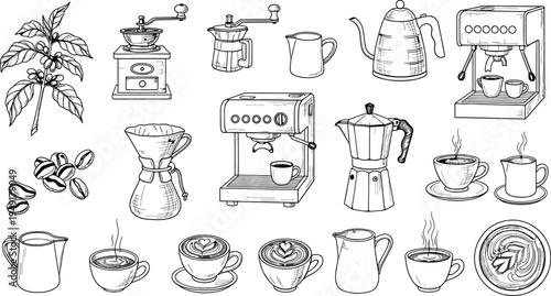A collection of coffee makers and cups isolated on transparent background