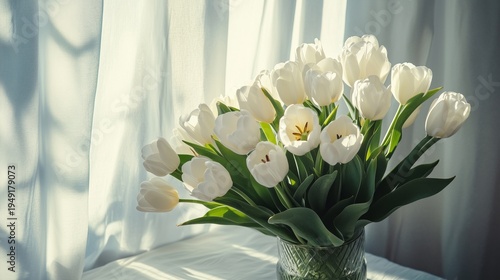 Bright Tulips in a Vase on a Table by the Window During the Afternoon Sun