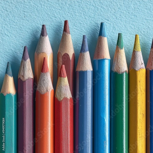 Colorful Pencils Arranged in a Row on a Light Blue Background During the Day