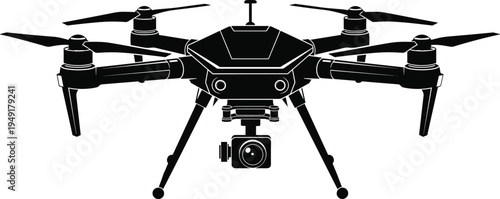 Black silhouette quadcopter drone with mounted camera gimbal and landing gear, modern aerial technology for photography, videography, surveillance, agriculture, and recreational flying illustration