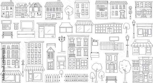 A collection of architectural sketches of various buildings isolated on transparent background