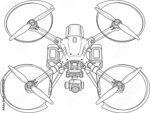 Detailed line drawing of quadcopter drone with four rotors, protective guards, mounted camera gimbal, and technical components, modern aerial technology for photography, surveillance, and 