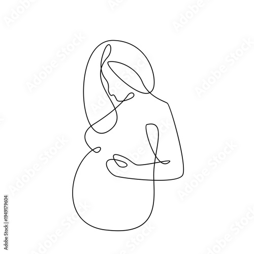 One Line Drawing of Pregnant Woman Holding Belly, Minimalist Motherhood Art
