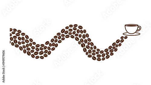 Coffee Bean Journey to Cup: A whimsical path of coffee beans guides the viewer's eye to a delicate teacup, symbolizing the journey of the beloved brew.