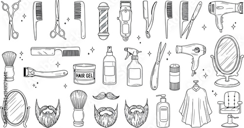 Collection of various barber and beauty tools isolated on transparent background