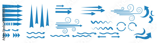 Set of light blue vector arrow. Air flow and ventilation, climate control, air direction circulation motion and strength signs.