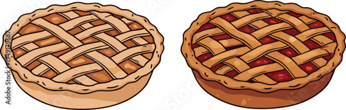 Homemade lattice pie illustration set, classic baked dessert with crust and fruit filling, sweet pastry food icon isolated vector