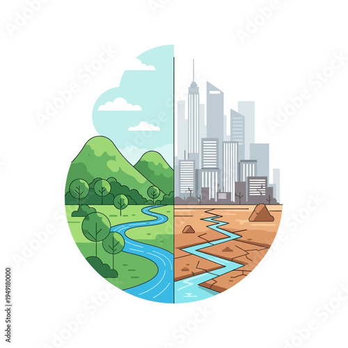 Nature vs. City: Lush landscape meets arid urban sprawl, environmental contrast.