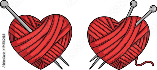 Red yarn heart with knitting needles illustration, handmade knitting love symbol, craft hobby concept, wool thread heart shape isolated vector design