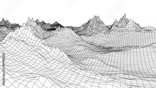 Futuristic Wireframe Terrain Landscape Vector – Abstract Low Poly Mountain Grid Mesh Surface, Digital Topographic Technology Background with Perspective Depth