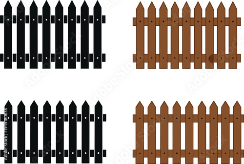 Wooden picket fence set illustration, garden boundary panels collection in black and brown, classic yard barrier design isolated vector