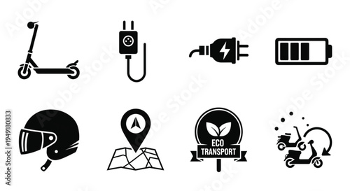 Icons representing eco-friendly electric transportation and safety measures