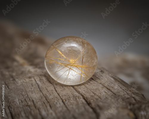 Golden Rutile Quartz Sphere on Driftwood — Minimalist Macro Elegance, Clear quartz orb with golden rutile on driftwood, soft gray background—luxury natural texture for refined design projects.