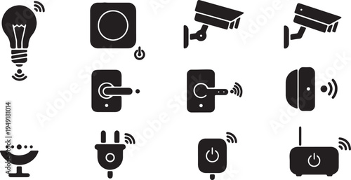 Collection of smart home and security device icons with wireless connectivity features