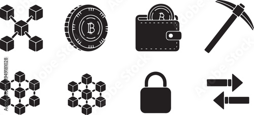 Essential icons representing various aspects of cryptocurrency and blockchain technology