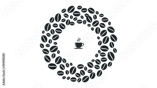 Aromatic Coffee Circle: A meticulously arranged circle of coffee beans encloses a minimalist coffee cup, the rising steam suggesting a freshly brewed aroma