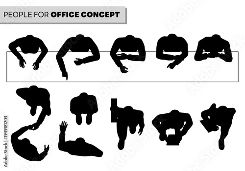 office people top view silhouette in workplace for architectural. businessmen working, meeting, typing, and walking. black shadow plan illustration.