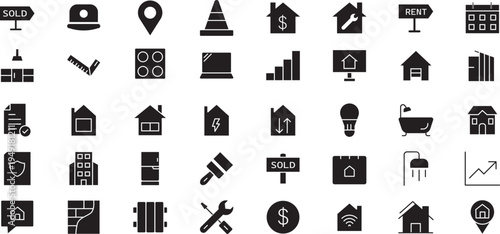 Real Estate Icon Collection: A comprehensive compilation of real estate symbols, perfect for web design, app interfaces, or branding materials. Featuring various property types, essential services.
