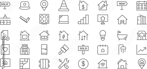 Real Estate Icons : A collection of minimalist line icons representing various real estate concepts, perfect for websites, apps, and design projects.