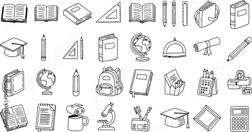 Alphabet illustrations of school supplies isolated on transparent background