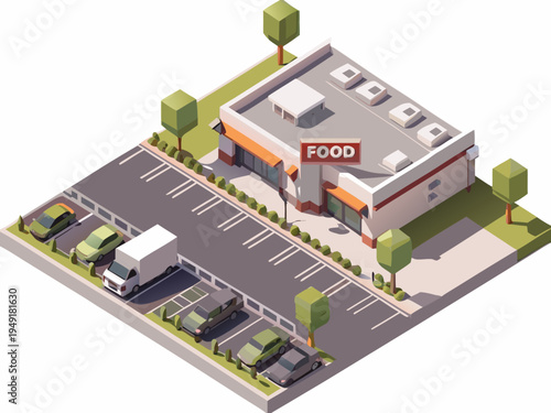 Isometric illustration of a modern grocery store and parking lot scene