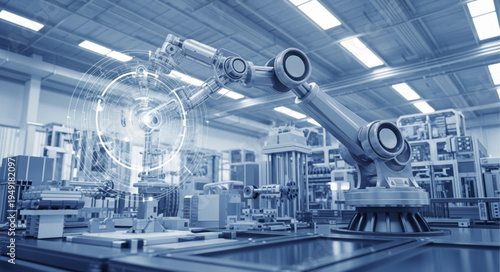 Automated robotic arm in a modern factory setting.