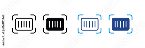 Barcode scanning and product identification icon set. Digital retail checkout, inventory management, and SKU label symbols. Vector Illustration.