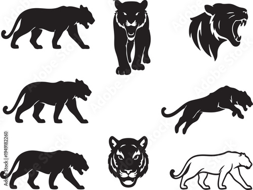 Black Panther Silhouette Set – Big Cat Walking Jumping Roaring Icons Vector Collection